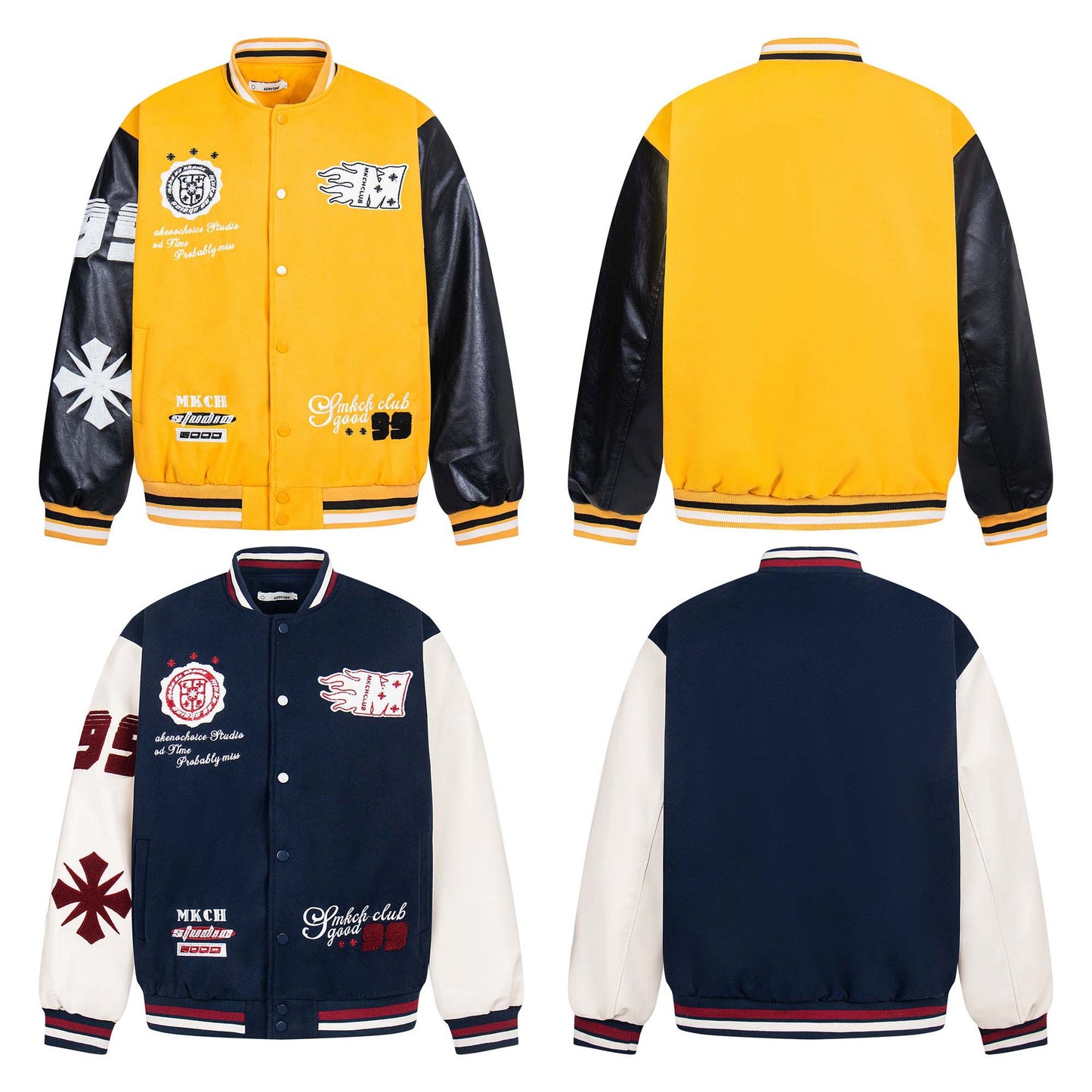High Street Style Spliced Leather Letter Towel Embroidery Baseball Jacket Unisex Loose