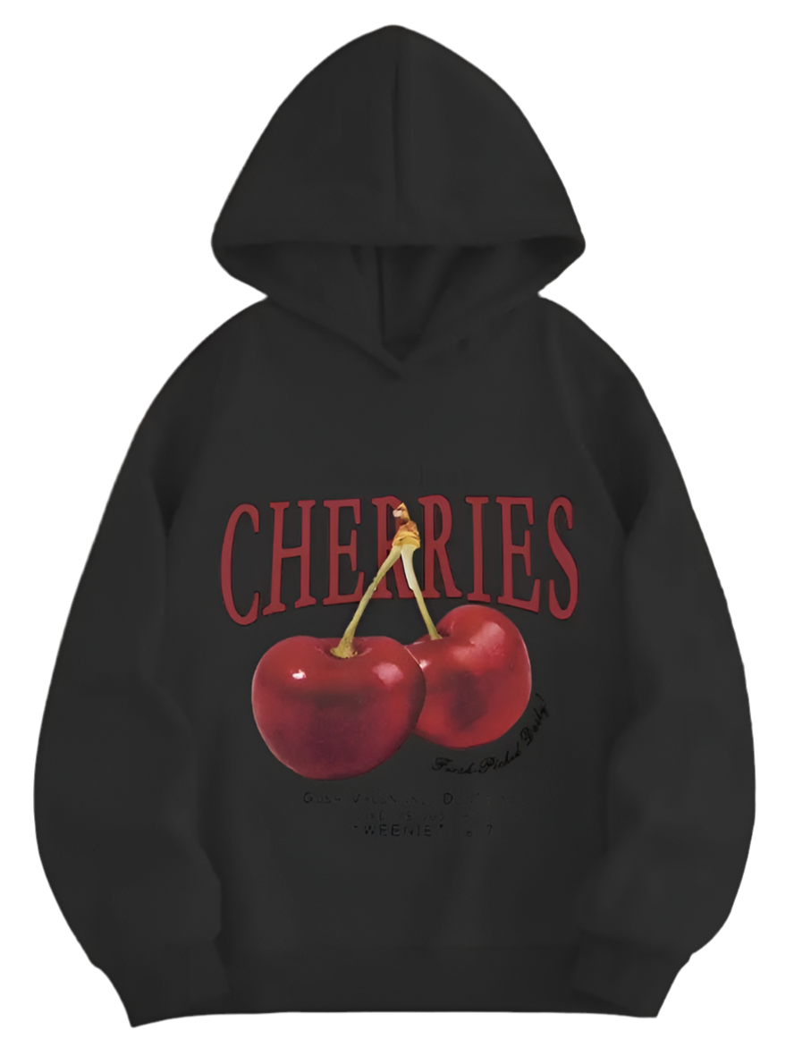 Cherry Print Hoodie, Casual Long Sleeve Hoodies Sweatshirt, Women's Clothing