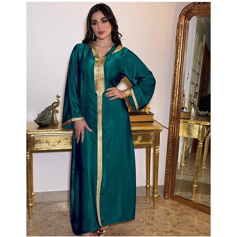 Abaya Jalabiya Hooded Maxi Dress Long Sleeve Islam Muslim Women Moroccan Kaftan ArabTurkey Robe Champagne White Green - Tech Tready
