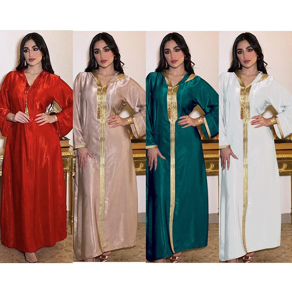 Abaya Jalabiya Hooded Maxi Dress Long Sleeve Islam Muslim Women Moroccan Kaftan ArabTurkey Robe Champagne White Green - Tech Tready