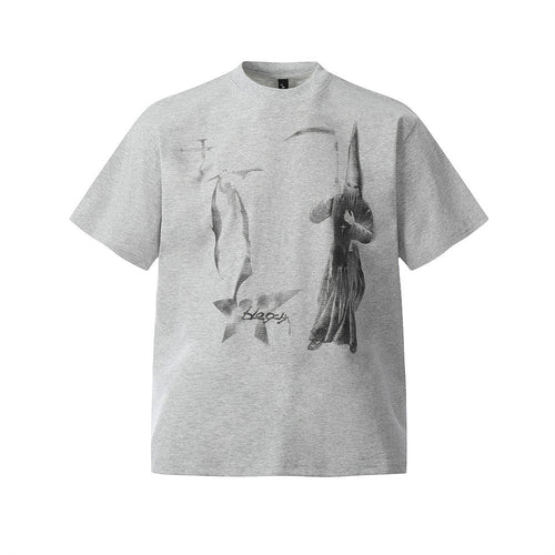 Abstract Blurred Print Small Collar Short Sleeve T-Shirt Men's Summer American High Street Retro Loose Round Neck Top - FashionTech