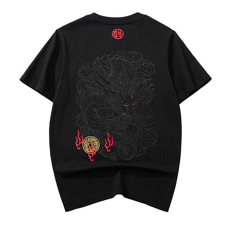 Black thread embroidery dragon pattern short sleeved T-shirt round neck pure cotton breathable top for men's fashion - Tech Tready