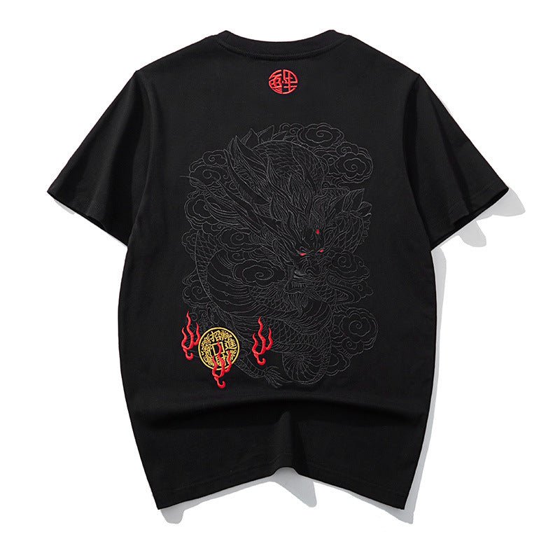 Black thread embroidery dragon pattern short sleeved T-shirt round neck pure cotton breathable top for men's fashion - Tech Tready