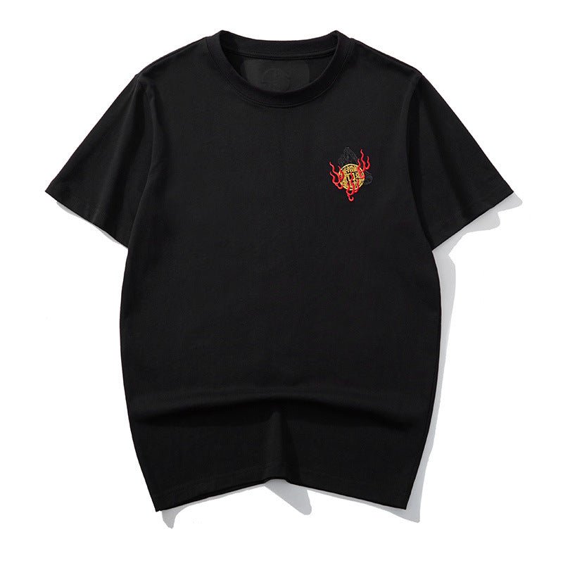 Black thread embroidery dragon pattern short sleeved T-shirt round neck pure cotton breathable top for men's fashion - Tech Tready