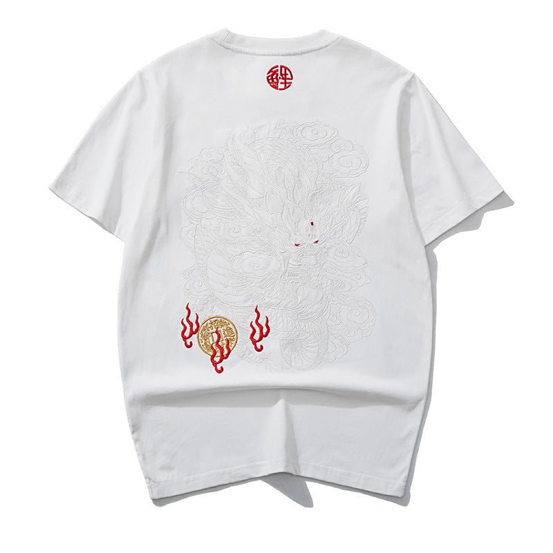 Black thread embroidery dragon pattern short sleeved T-shirt round neck pure cotton breathable top for men's fashion - Tech Tready