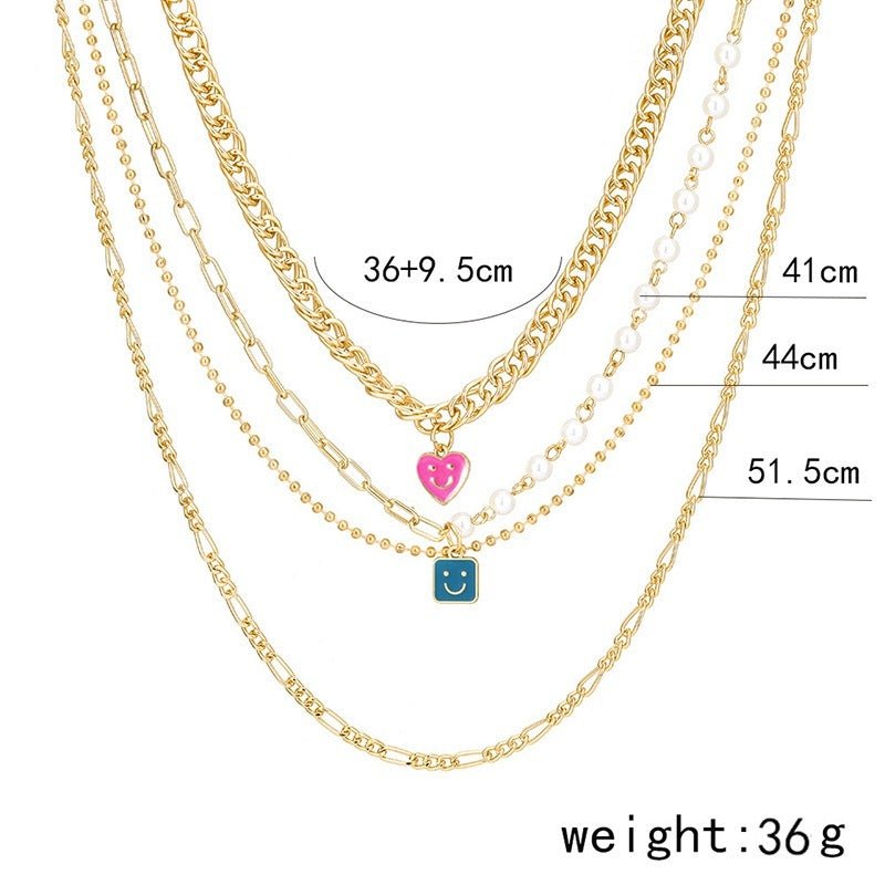Enamel Smiley Face Charms Pearl Necklace Boho Gold Multi - layer Chunky Chain Statement Necklaces Chokers For Women - FashionTech