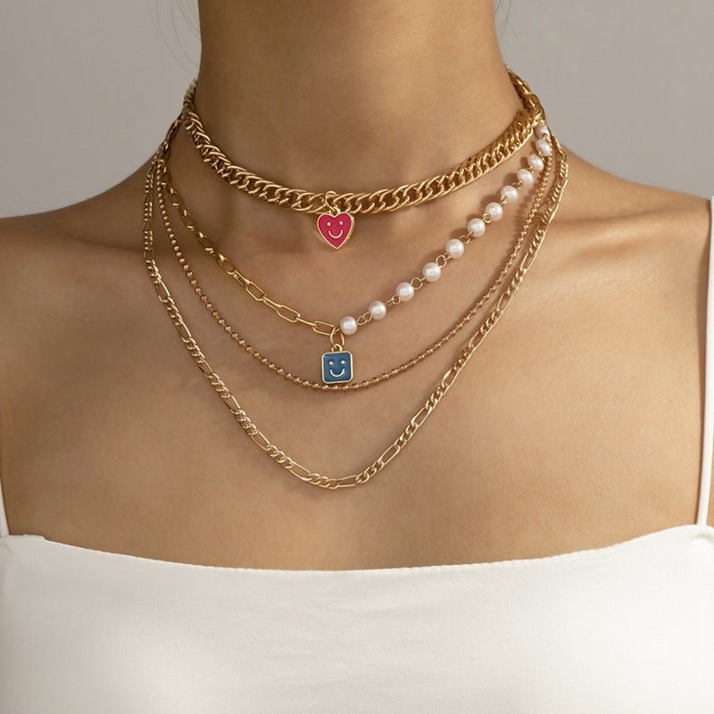 Enamel Smiley Face Charms Pearl Necklace Boho Gold Multi - layer Chunky Chain Statement Necklaces Chokers For Women - FashionTech