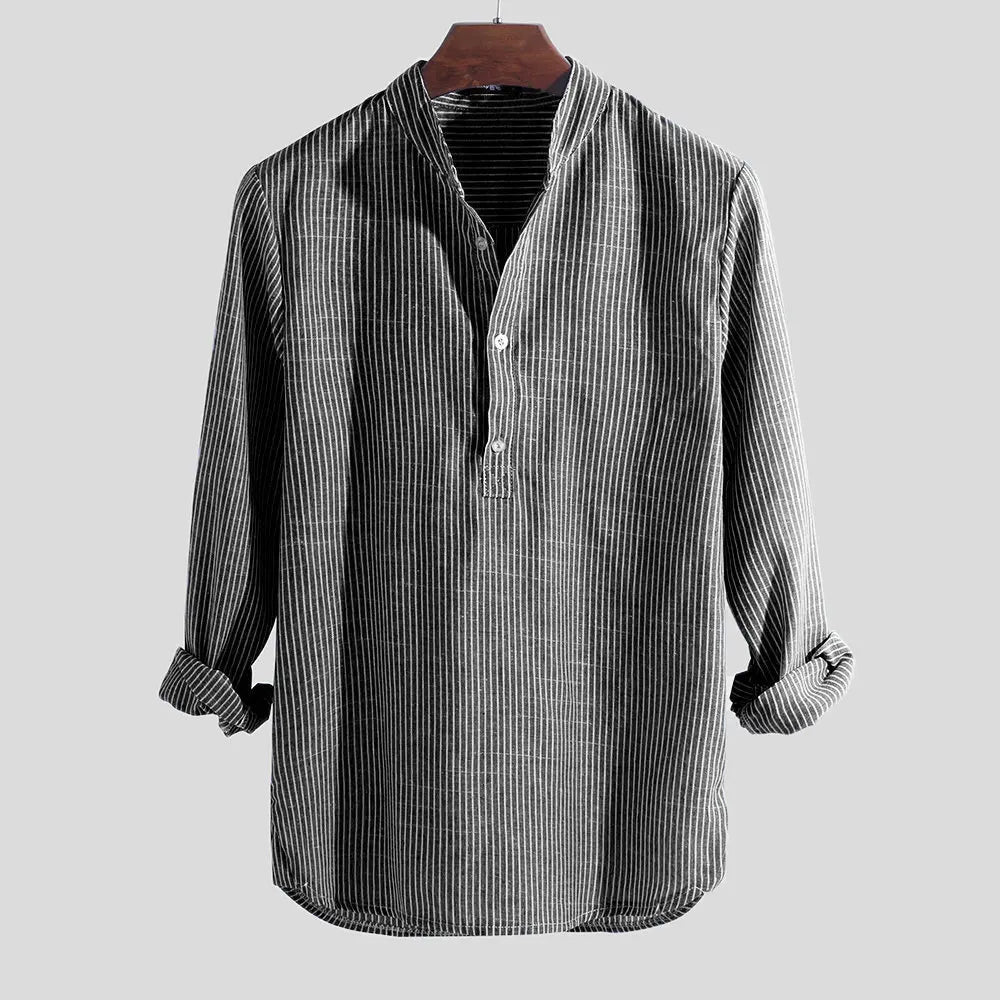 Helisopus New Fashion Spring Summer Casual Men's Shirt Cotton Long Sleeve Striped Slim Fit Stand Collar Shirts S - 5XL - Tech Tready
