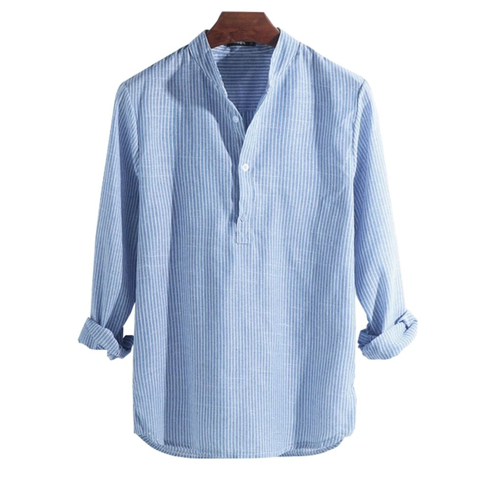 Helisopus New Fashion Spring Summer Casual Men's Shirt Cotton Long Sleeve Striped Slim Fit Stand Collar Shirts S - 5XL - Tech Tready