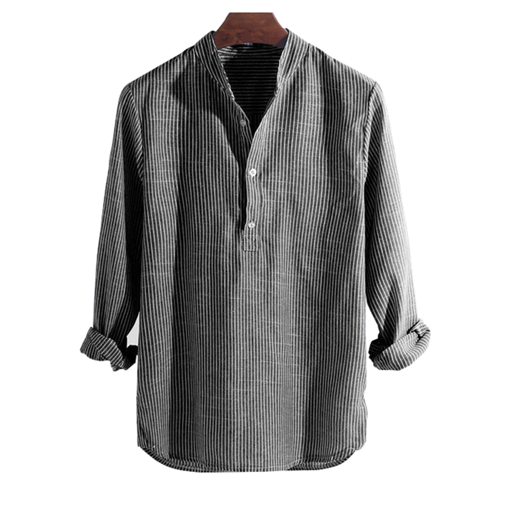 Helisopus New Fashion Spring Summer Casual Men's Shirt Cotton Long Sleeve Striped Slim Fit Stand Collar Shirts S - 5XL - Tech Tready
