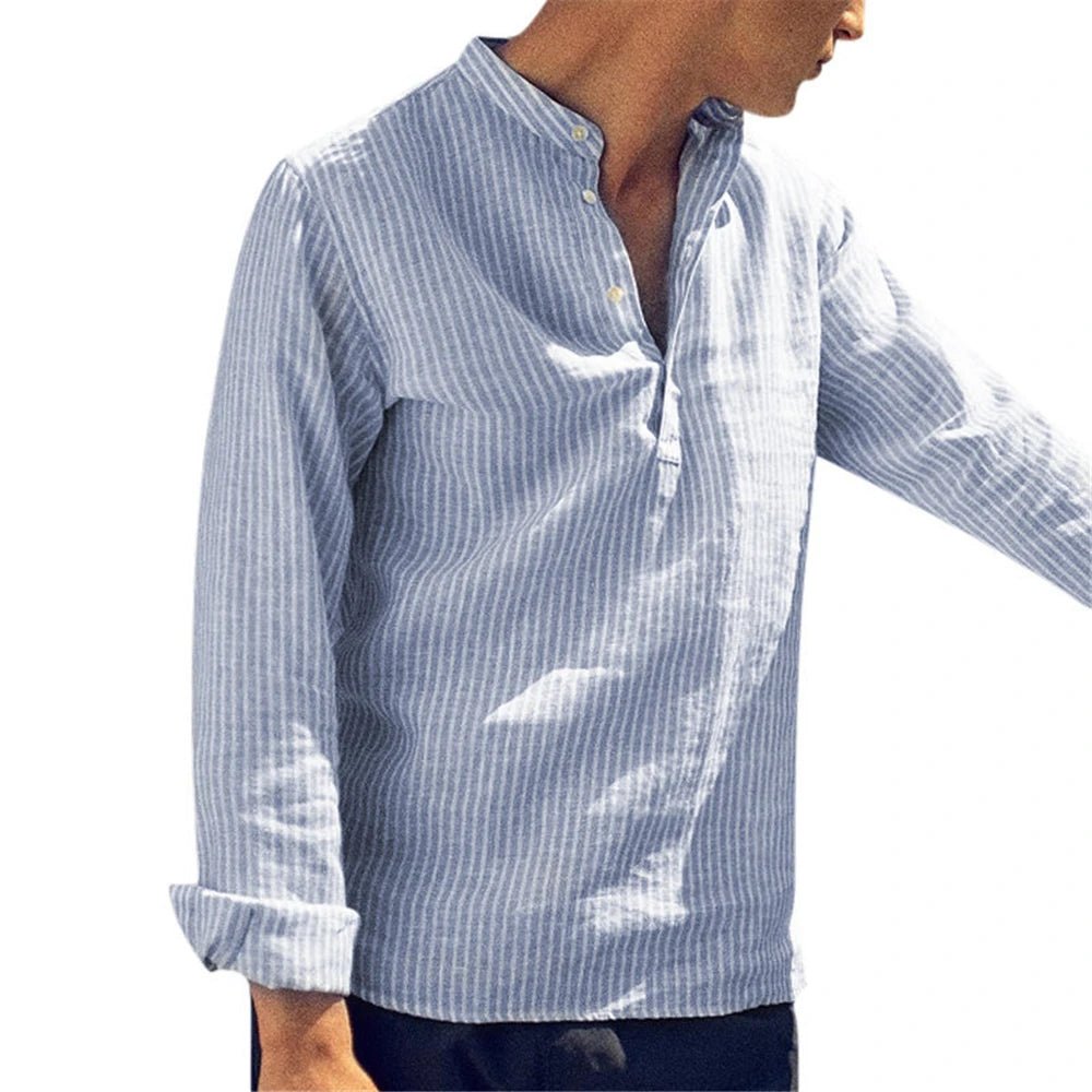 Helisopus New Fashion Spring Summer Casual Men's Shirt Cotton Long Sleeve Striped Slim Fit Stand Collar Shirts S - 5XL - Tech Tready