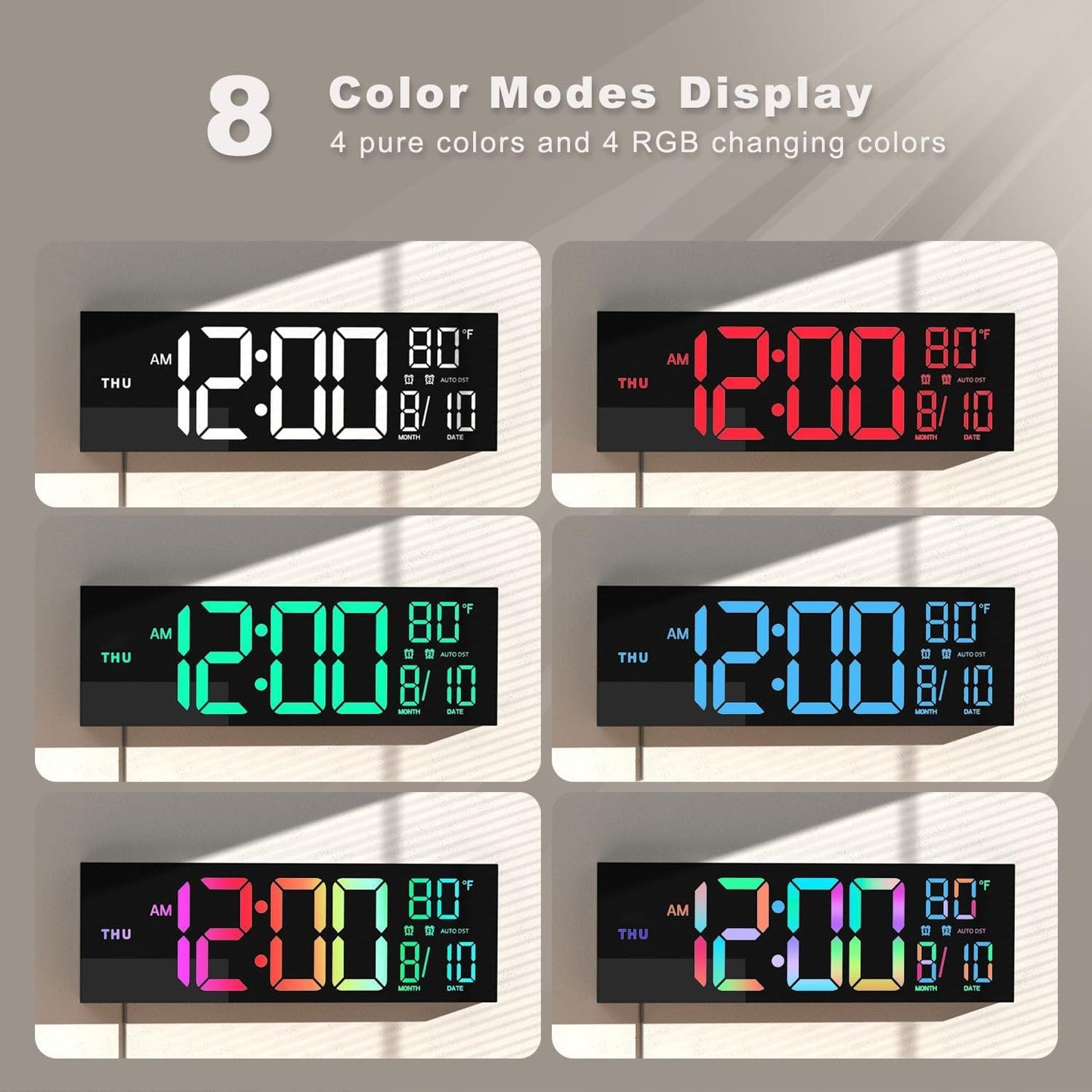 Large Digital Wall Clock with Remote Control Big LED/Dual Alarm/8 RGB Colors Digital Alarm Clock Electronic Watch - FashionTech