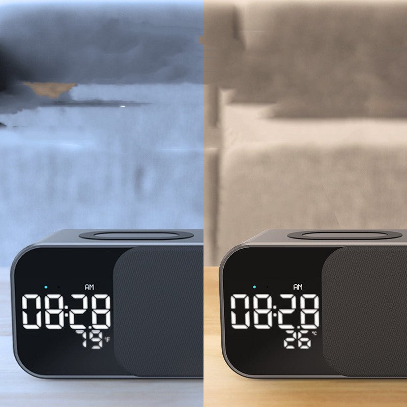 Led Wireless Charging Alarm Clock Fm Radio Bluetooth Speaker With Microphone Temperature Indicator Digital Display Speakers - FashionTech