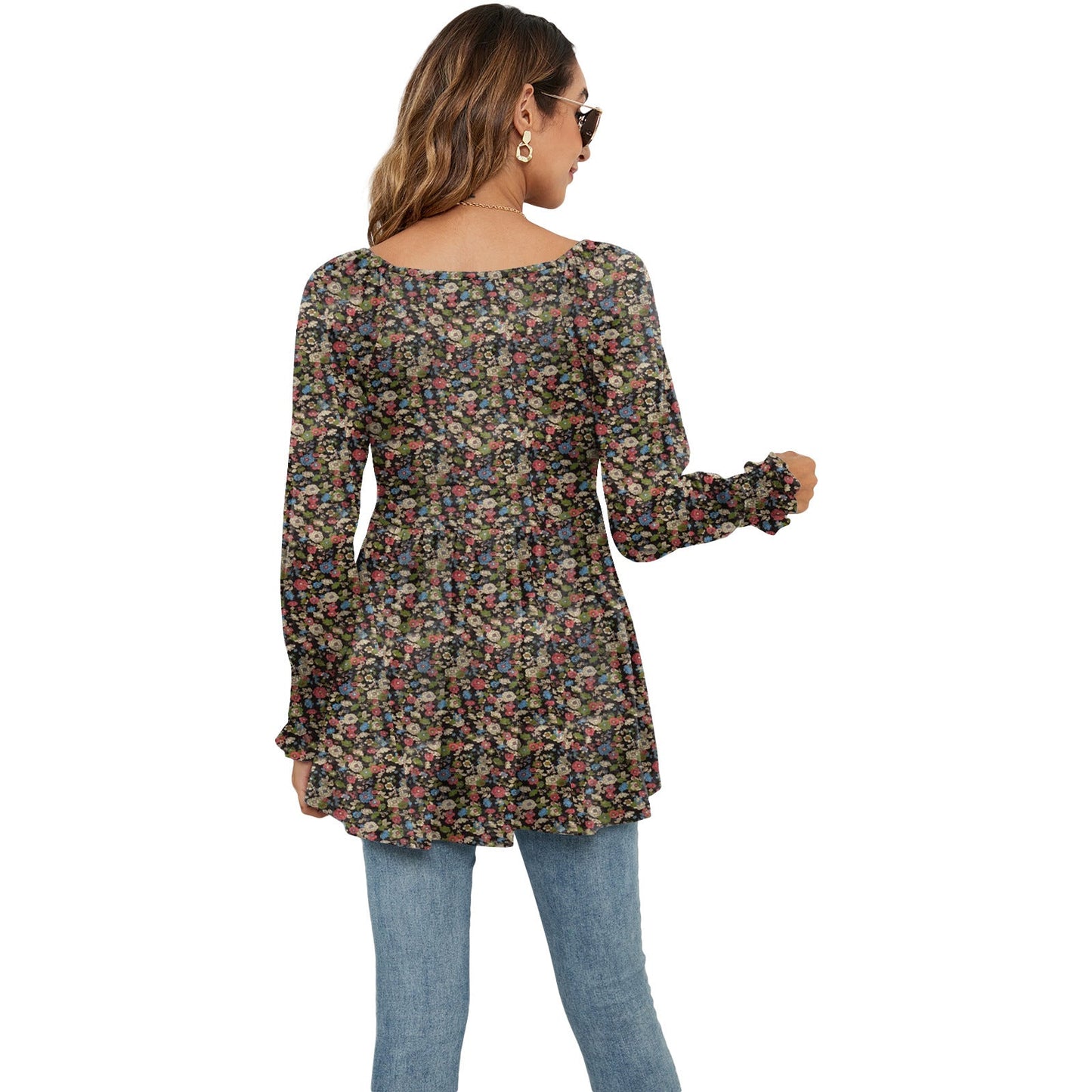 Long Puff Sleeve Tops Women Flowers Print Casual V - Neck Blouse T-Shirts Babydoll Tops - FashionTech