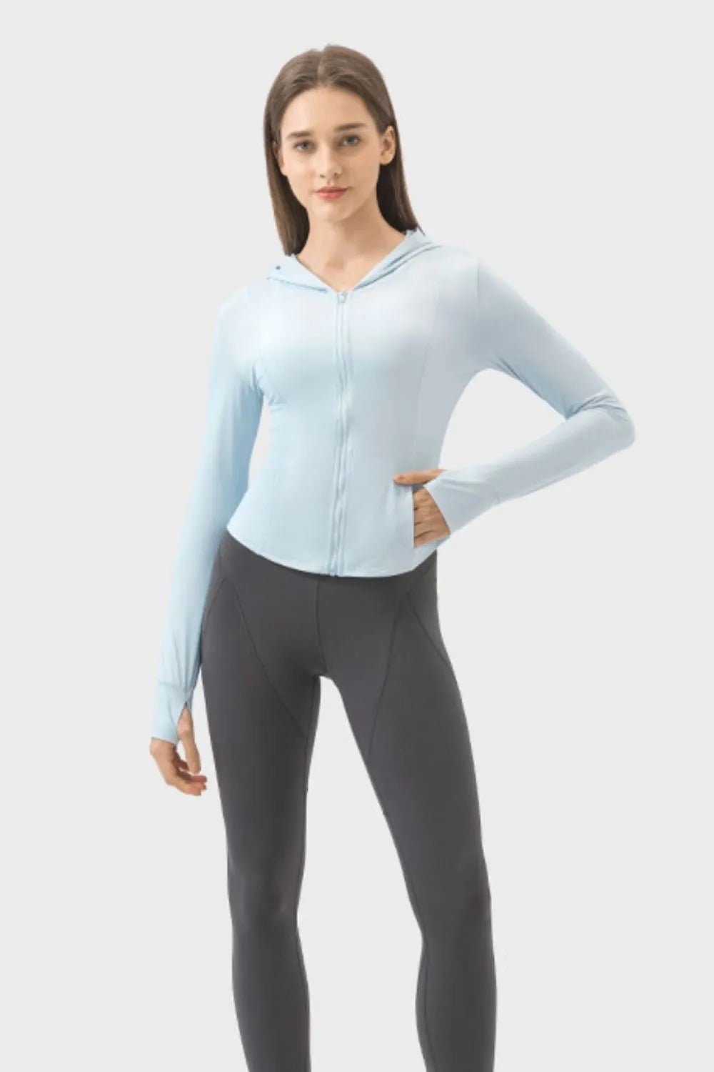 Pocketed Zip Up Hooded Long Sleeve Active Outerwear - FashionTech
