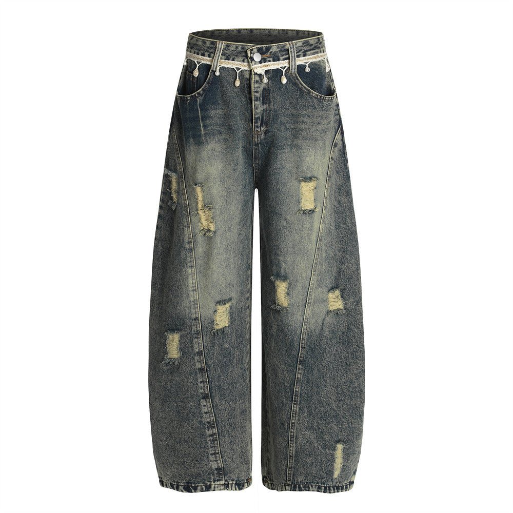 Punk Retro Washed Distressed Denim Wide - Leg Pants Men's Trendy Unique Design Loose Fit Flared Trousers - FashionTech
