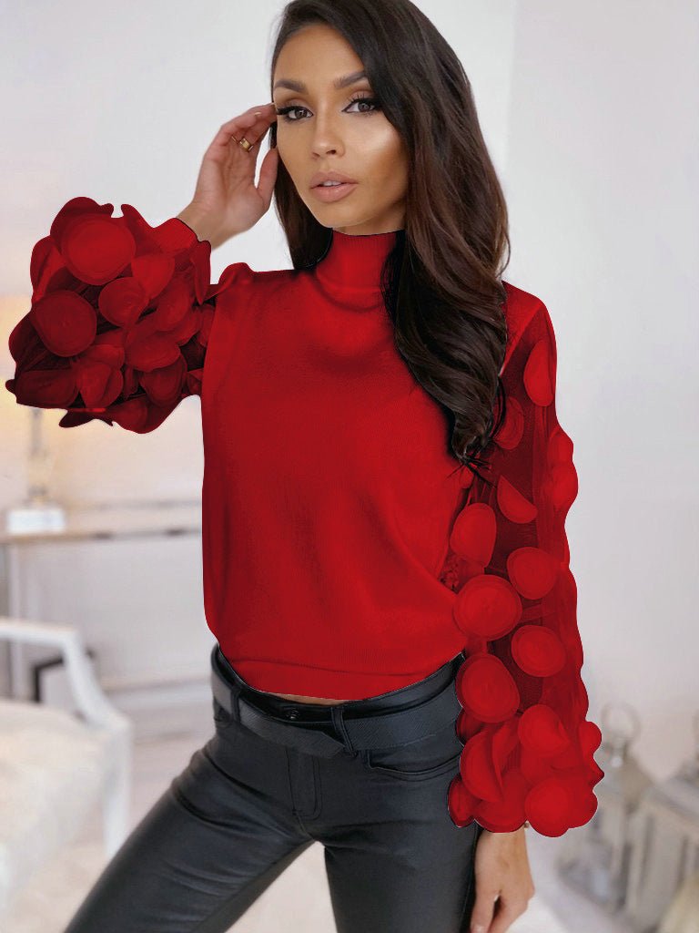 Tops Sexy turtleneck gauze puff sleeve slim top - FashionTech