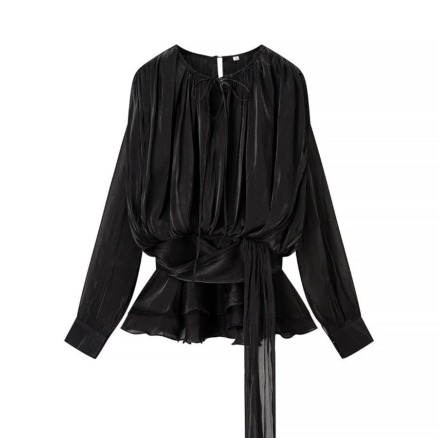 Women's European and American round neck long sleeved pleated mesh short dress - FashionTech