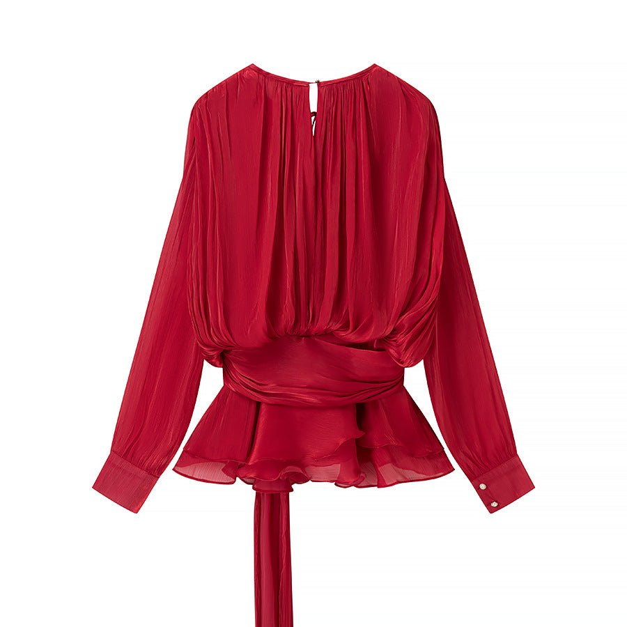 Women's European and American round neck long sleeved pleated mesh short dress - FashionTech