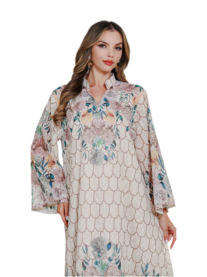 Elegant Embroidered Printed Muslim Long Dress Women's Clothing