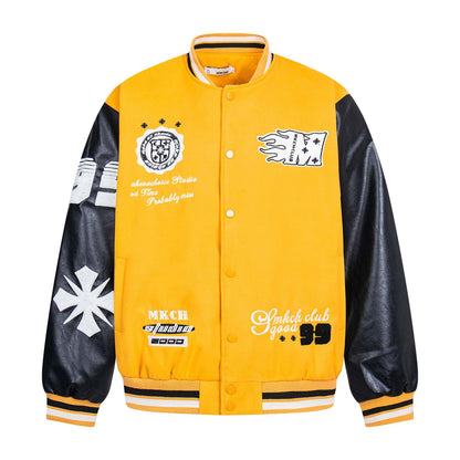 High Street  Style Spliced Leather Letter Towel Embroidery Baseball Jacket Unisex Loose