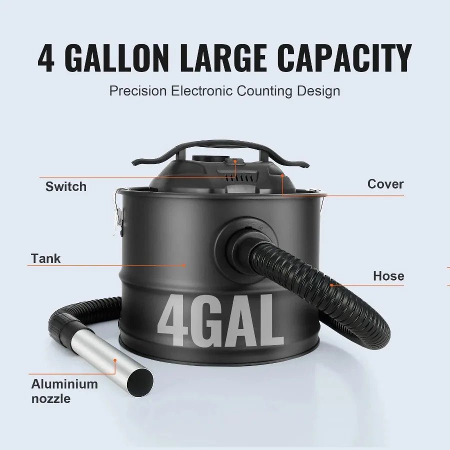 4 Gallon Ash Vacuum Cleaner 1200W Powerful Suction Ash Vac Collector 47.2 in Flexible Hose for Fireplaces Log Burner Grills Pel - FashionTech