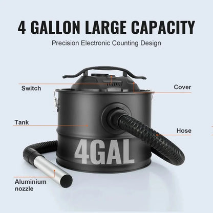 4 Gallon Ash Vacuum Cleaner 1200W Powerful Suction Ash Vac Collector 47.2 in Flexible Hose for Fireplaces Log Burner Grills Pel - FashionTech
