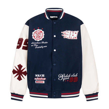 High Street  Style Spliced Leather Letter Towel Embroidery Baseball Jacket Unisex Loose