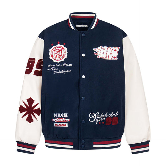 High Street  Style Spliced Leather Letter Towel Embroidery Baseball Jacket Unisex Loose