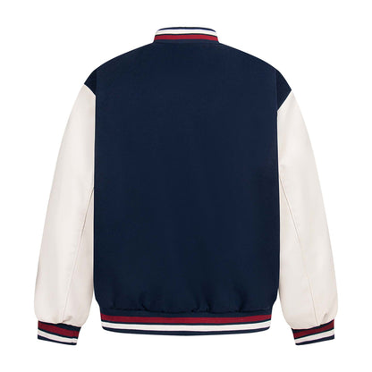 High Street  Style Spliced Leather Letter Towel Embroidery Baseball Jacket Unisex Loose