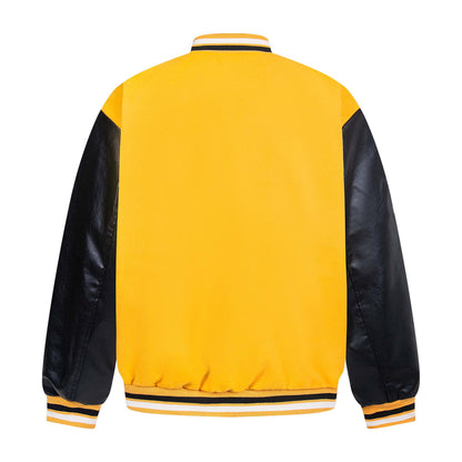 High Street  Style Spliced Leather Letter Towel Embroidery Baseball Jacket Unisex Loose