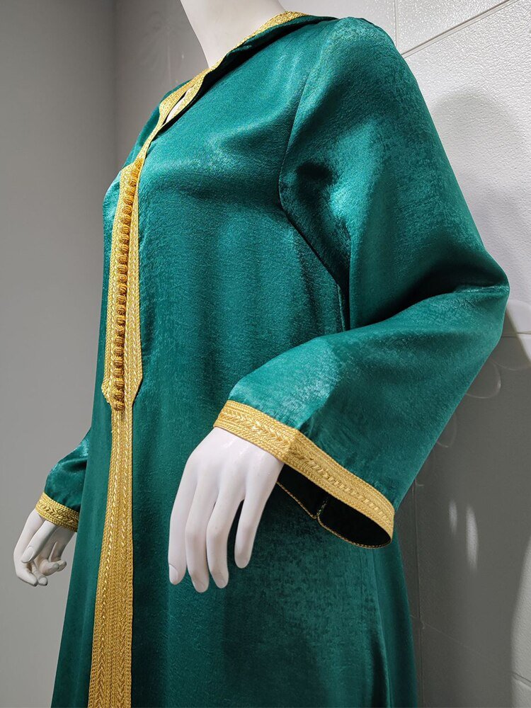 Abaya Jalabiya Hooded Maxi Dress Long Sleeve Islam Muslim Women Moroccan Kaftan ArabTurkey Robe Champagne White Green - Tech Tready