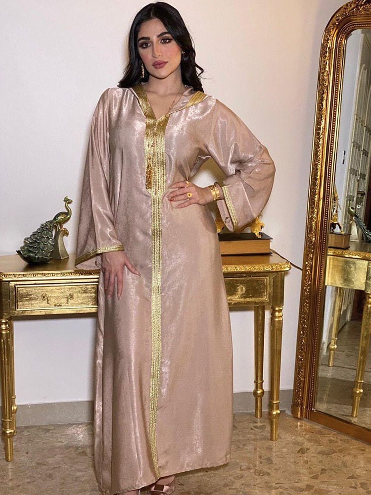 Abaya Jalabiya Hooded Maxi Dress Long Sleeve Islam Muslim Women Moroccan Kaftan ArabTurkey Robe Champagne White Green - Tech Tready