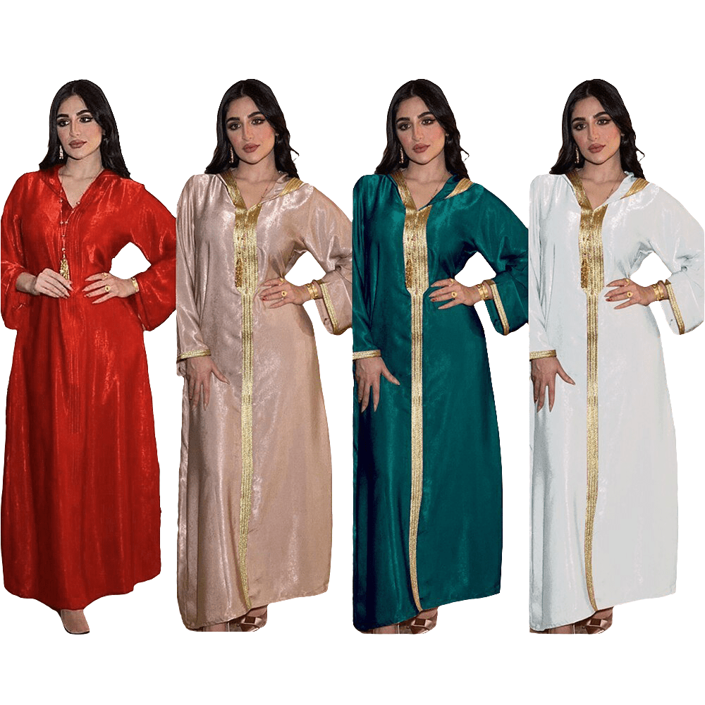 Abaya Jalabiya Hooded Maxi Dress Long Sleeve Islam Muslim Women Moroccan Kaftan ArabTurkey Robe Champagne White Green - FashionTech