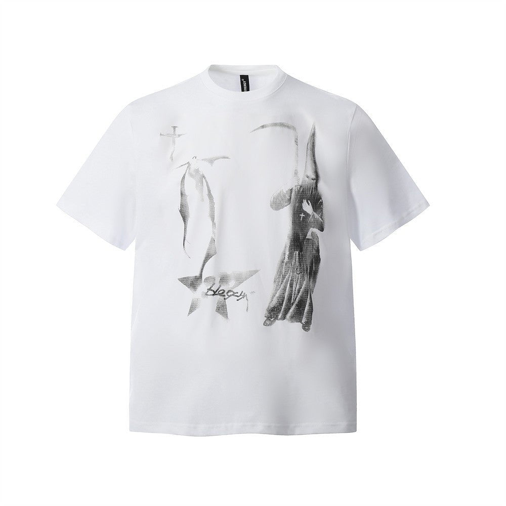 Abstract Blurred Print Small Collar Short Sleeve T-Shirt Men's Summer American High Street Retro Loose Round Neck Top - FashionTech