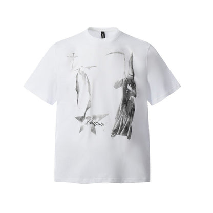 Abstract Blurred Print Small Collar Short Sleeve T-Shirt Men's Summer American High Street Retro Loose Round Neck Top - FashionTech