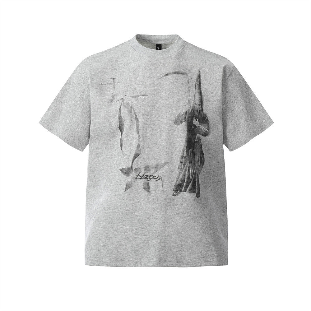 Abstract Blurred Print Small Collar Short Sleeve T-Shirt Men's Summer American High Street Retro Loose Round Neck Top - FashionTech