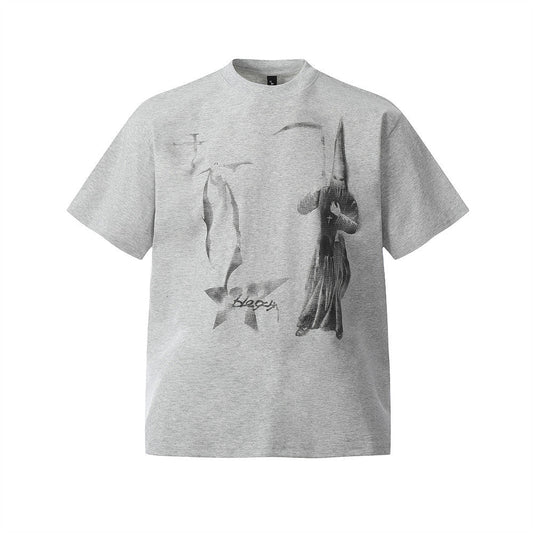 Abstract Blurred Print Small Collar Short Sleeve T-Shirt Men's Summer American High Street Retro Loose Round Neck Top - FashionTech