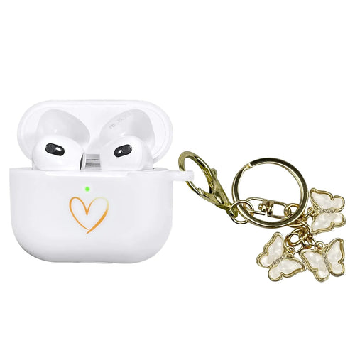 AIIEKZ Compatible with AirPods 3 Case Cover 2021 Soft Silicone Case with Gold Heart Pattern for AirPods 3rd Generation Case with Cute Butterfly Keychain for Girls Women (White) - Tech Tready