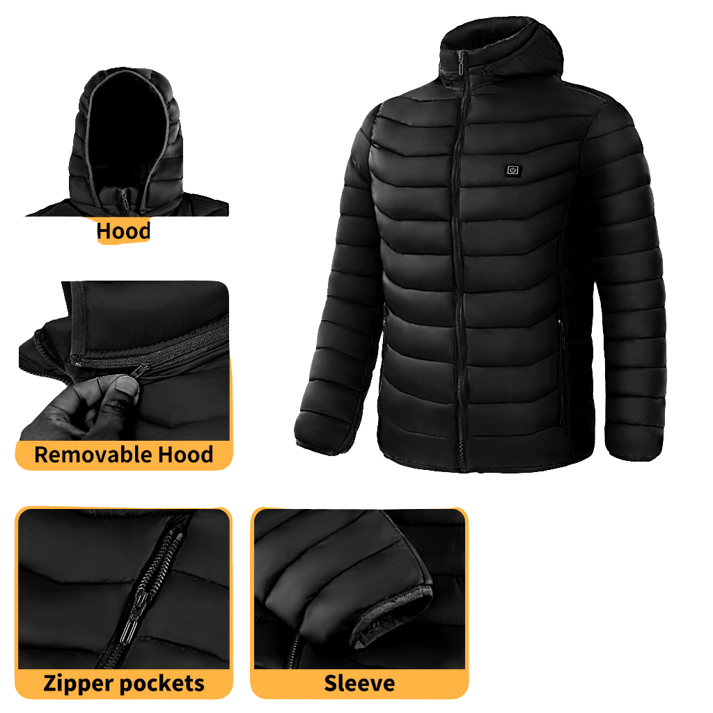Heated Puffer Jacket Electric Heating Coat Insulated Hood Windbreaker