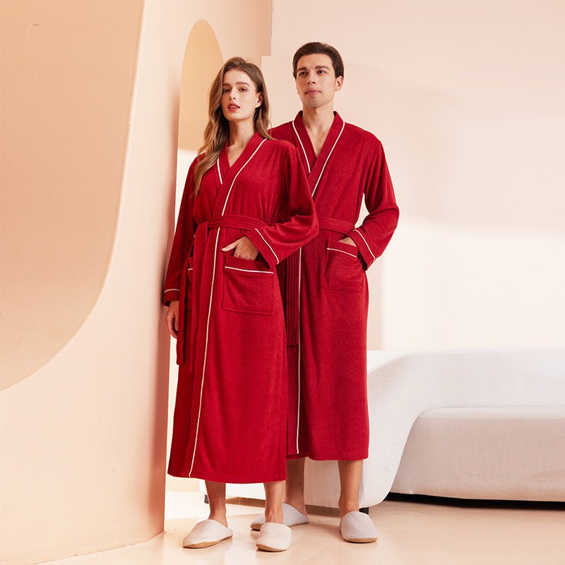 Bathrobe men's and women's towel fabric yukata long sleeved bath towel sleeping robe absorbent quick drying four season style - FashionTech
