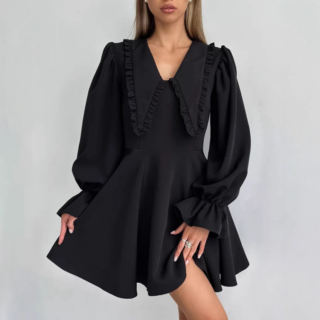 Black doll collar dress with flared sleeves and waist cinched A - line skirt - FashionTech