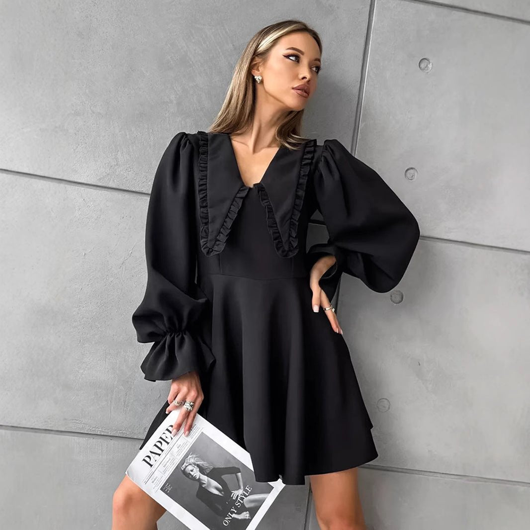 Black doll collar dress with flared sleeves and waist cinched A - line skirt - FashionTech