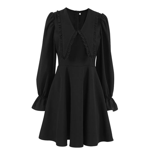 Black doll collar dress with flared sleeves and waist cinched A - line skirt - FashionTech