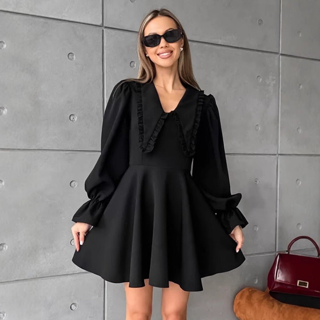 Black doll collar dress with flared sleeves and waist cinched A - line skirt - FashionTech