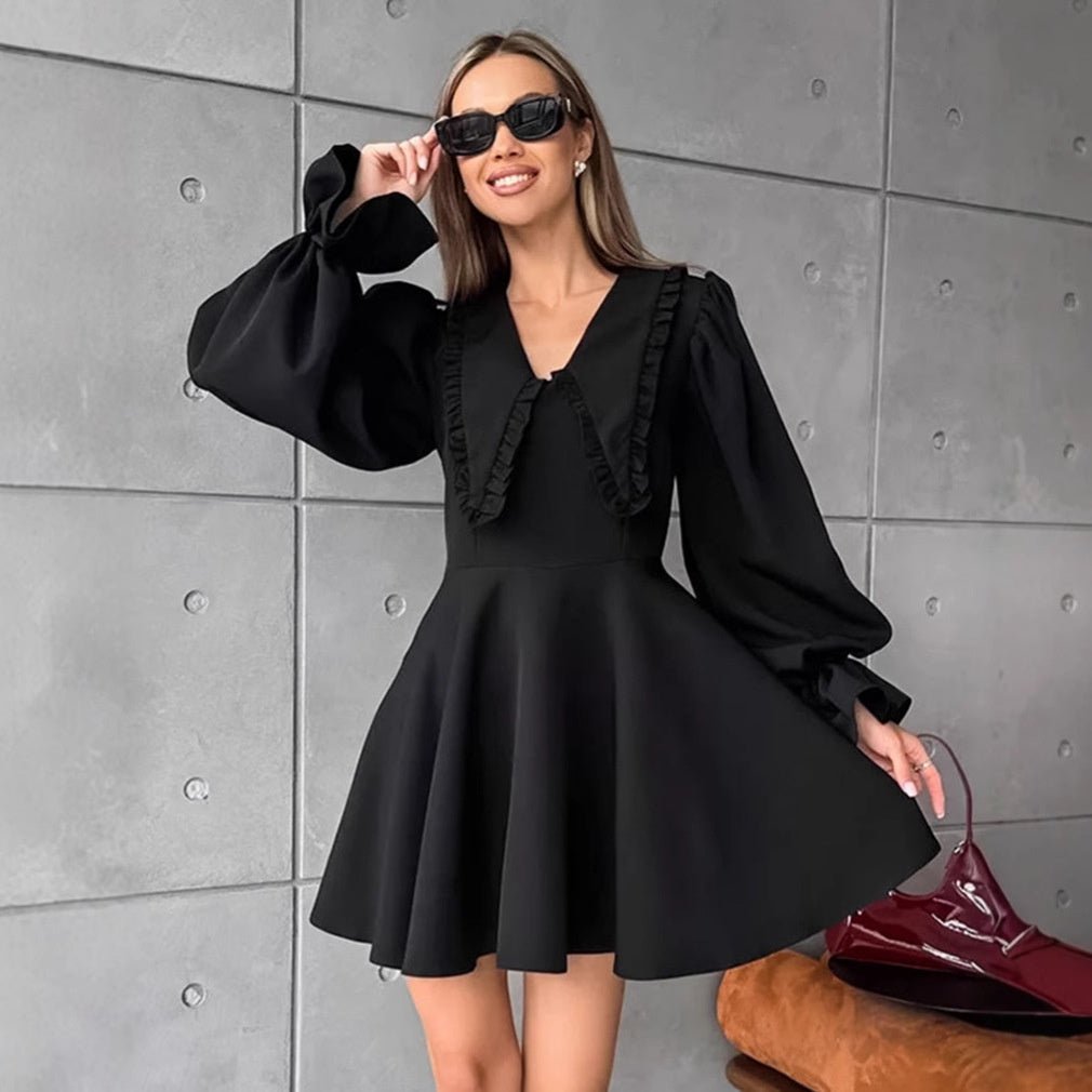 Black doll collar dress with flared sleeves and waist cinched A - line skirt - FashionTech