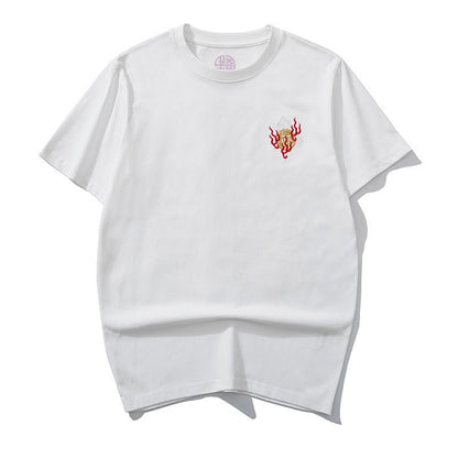 Black thread embroidery dragon pattern short sleeved T-shirt round neck pure cotton breathable top for men's fashion - Tech Tready