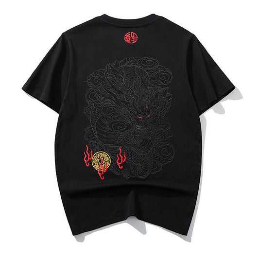 Black thread embroidery dragon pattern short sleeved T-shirt round neck pure cotton breathable top for men's fashion - Tech Tready