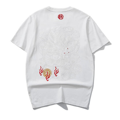 Black thread embroidery dragon pattern short sleeved T-shirt round neck pure cotton breathable top for men's fashion - Tech Tready
