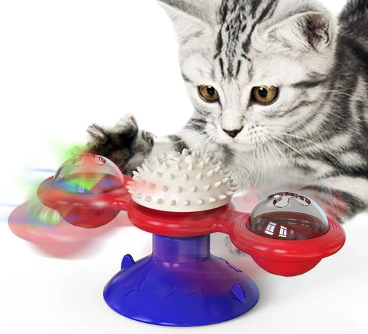 Cat Entertainment Set - Interactive Rotating Disk, Feather Teasers, Tumbler, Windmill Toy - Keeps Cats Active & Engaged - FashionTech
